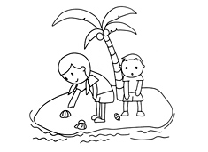 弟弟和姐姐在小島上撿貝殼的簡筆畫圖片