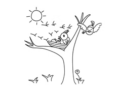 鳥媽媽給小鳥寶寶喂蟲子的簡筆畫圖片