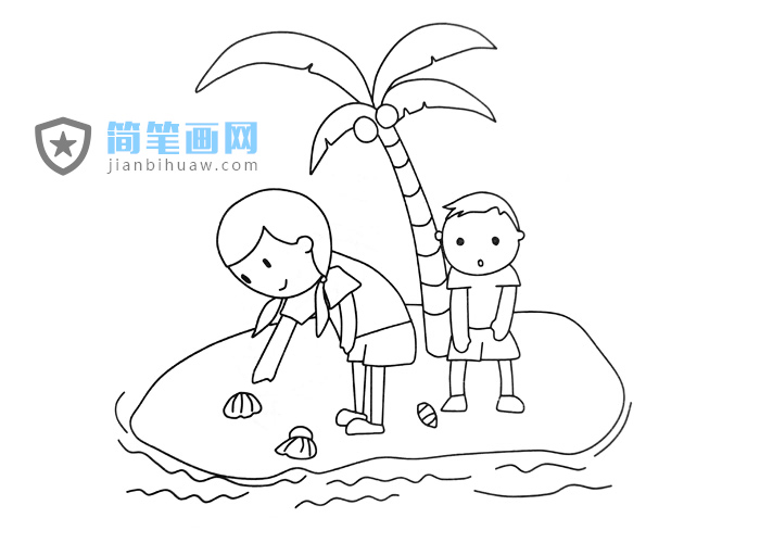 弟弟和姐姐在小島上撿貝殼的簡筆畫圖片