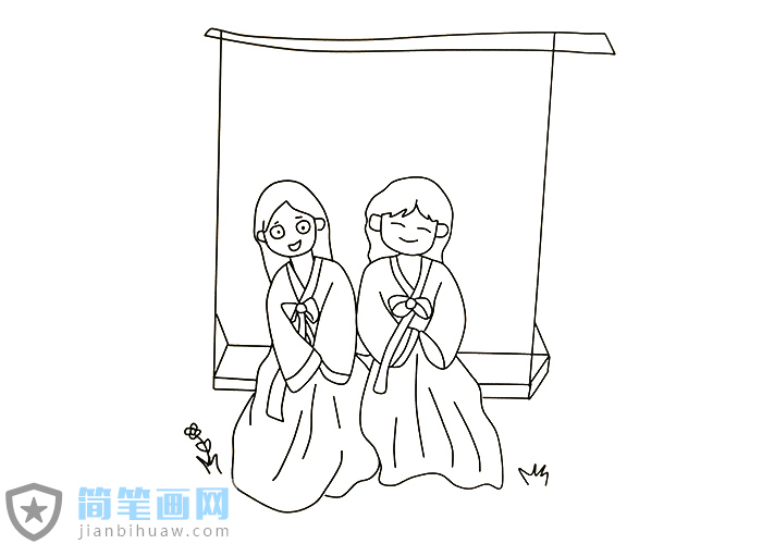 兩位小姑娘在蕩秋千的簡筆畫圖片