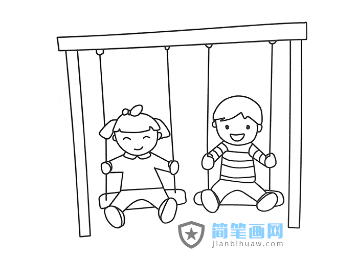 兩位小朋友在玩蕩秋千的簡筆畫圖片