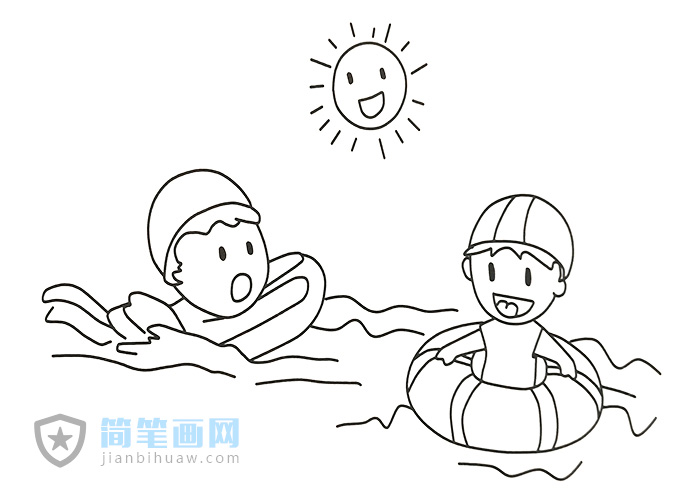 兩位小朋友在水里游泳的簡筆畫