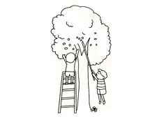 兩個(gè)小孩子在摘果子的簡(jiǎn)筆畫圖片