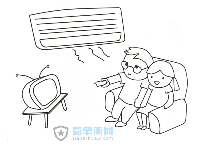 兩個小孩在家吹空調看電視的簡筆畫圖片