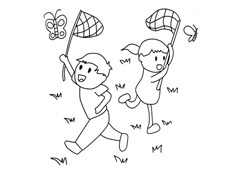 兩個(gè)小孩子在捉蝴蝶的簡筆畫圖片