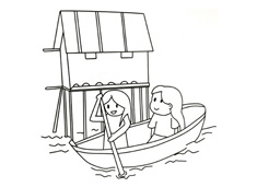 小女孩和媽媽在公園里劃船的簡筆畫圖片
