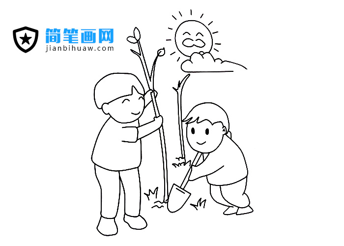 兩位小朋友在植樹的簡(jiǎn)筆畫圖片