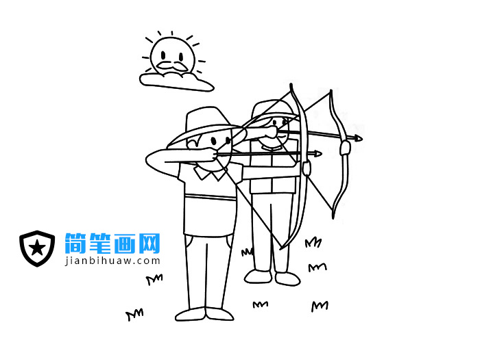 兩位射擊運(yùn)動員在練習(xí)射箭的簡筆畫圖片
