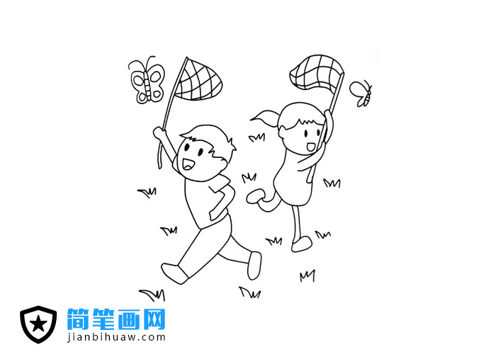兩個小孩子在捉蝴蝶的簡筆畫圖片