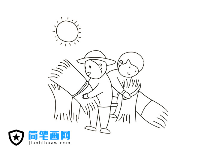 烈日下收割農民伯伯收割麥子的簡筆畫圖片