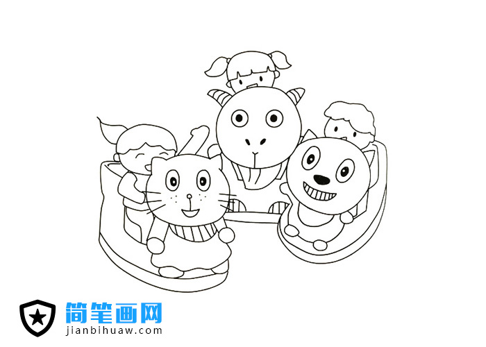 三個小孩子在玩喜洋洋搖搖車簡筆畫圖片
