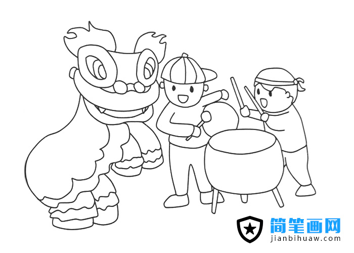 敲鑼打鼓舞獅的簡筆畫圖片