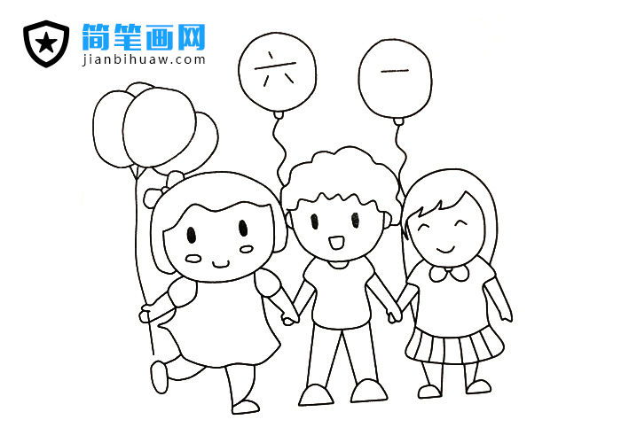 三個(gè)小朋友六一兒童節(jié)玩氣球的簡(jiǎn)筆畫圖片