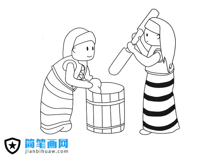 兩個少數(shù)民族人民在制作美食的簡筆畫圖片