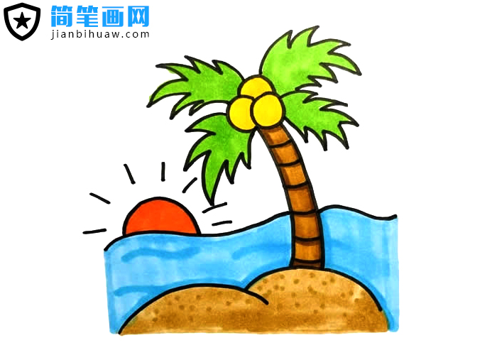 海邊日出椰樹風(fēng)景簡筆畫含上色圖片