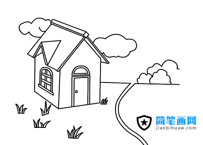 河邊美麗的小房子簡筆畫圖片