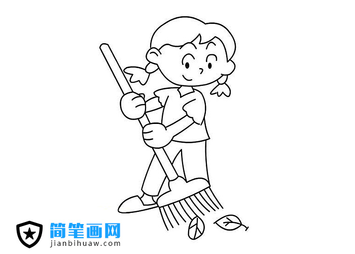 打掃落葉的小女孩簡筆畫圖片