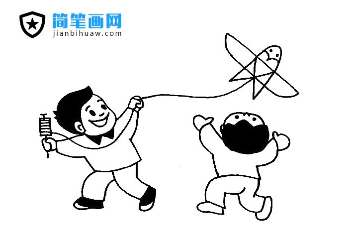 兩個小朋友在放風箏的簡筆畫圖片