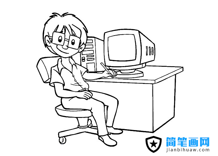 在電腦前辦公的人物簡筆畫圖片