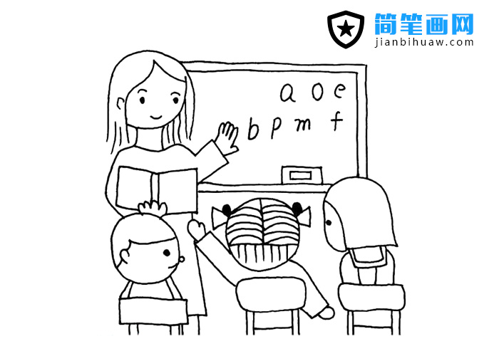 幾位學生在上英文課的簡筆畫圖片