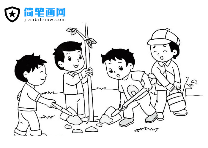 4個男孩在植樹的簡筆畫圖片