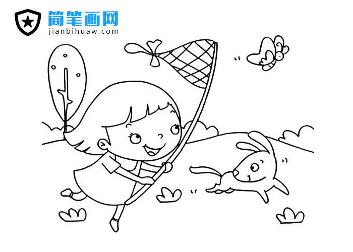 小女孩在野外捉蝴蝶的簡筆畫圖片