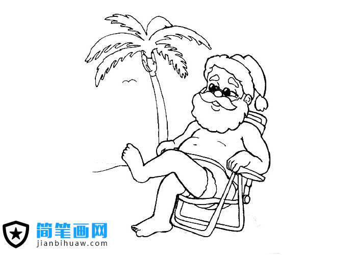 坐在海邊椰樹下休息的圣誕老人簡筆畫圖片
