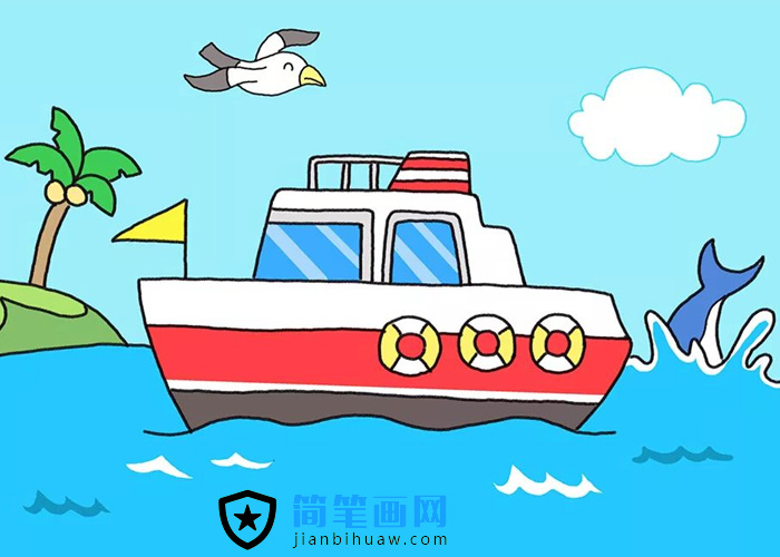 美麗的大海上航行的輪船簡筆畫圖片